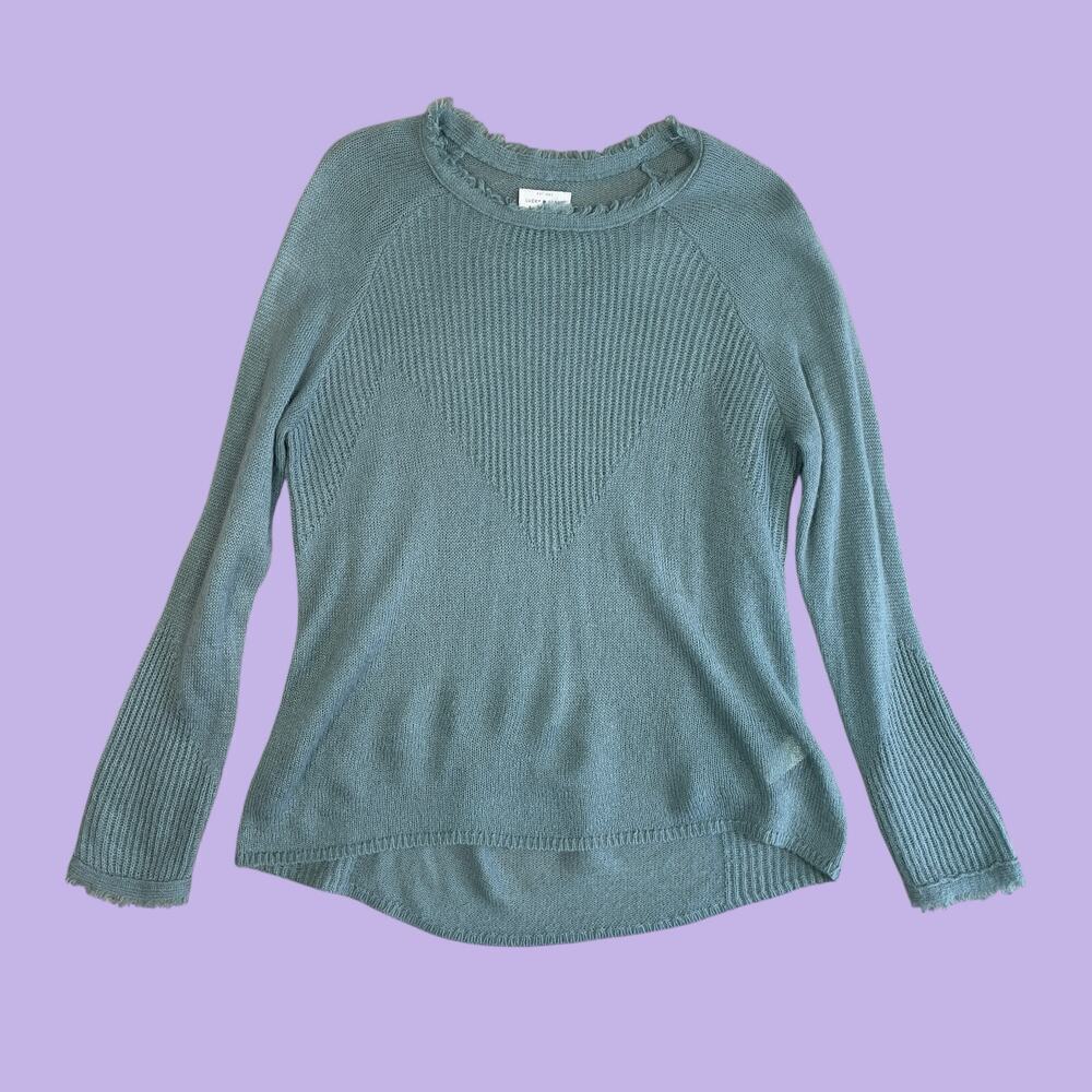 Lucky Brand wool blend lightweight blue green fringe sweater medium - Picture 8 of 12